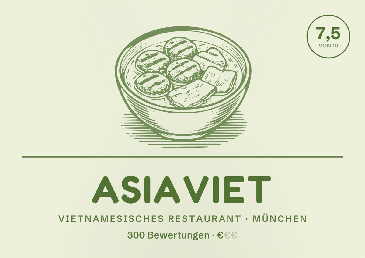 Illustriertes Poster von AsiaViet, Vietnamesisches Restaurant in München: Bewertung 7,5 von 10 aus 300 Bewertungen, Preisniveau €