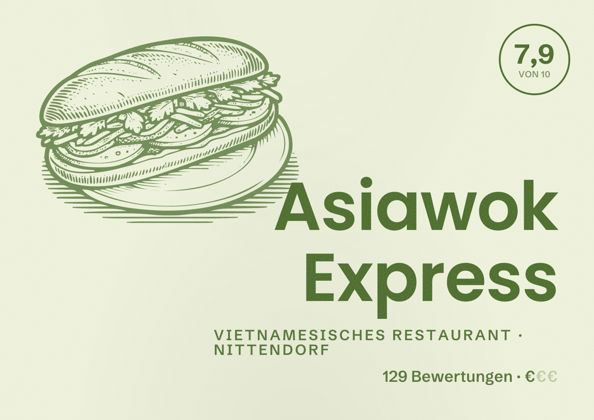 Illustriertes Poster von Asiawok Express, Vietnamesisches Restaurant in Nittendorf: Bewertung 7,9 von 10 aus 129 Bewertungen, Preisniveau €