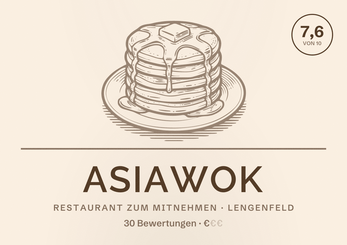 Illustriertes Poster von Asiawok, Restaurant zum Mitnehmen in Lengenfeld: Bewertung 7,6 von 10 aus 30 Bewertungen, Preisniveau €
