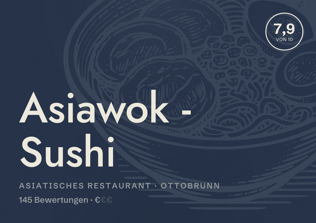 Illustriertes Poster von Asiawok - Sushi, Asiatisches Restaurant in Ottobrunn: Bewertung 7,9 von 10 aus 145 Bewertungen, Preisniveau €