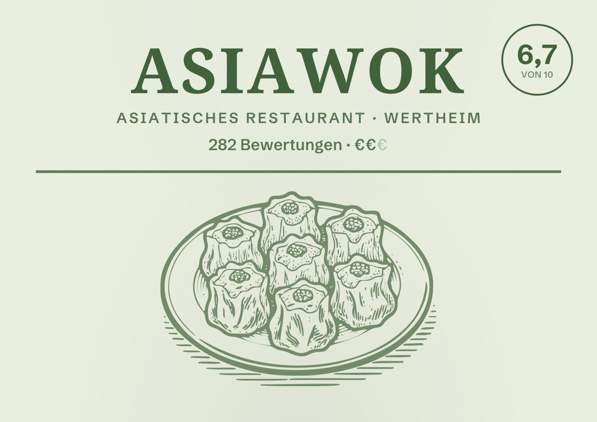 Illustriertes Poster von Asiawok, Asiatisches Restaurant in Wertheim: Bewertung 6,7 von 10 aus 282 Bewertungen, Preisniveau €€