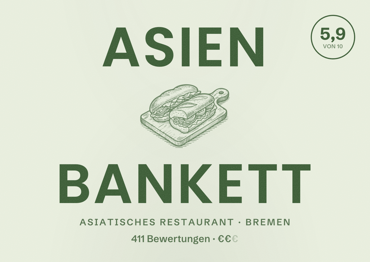 Illustriertes Poster von Asien Bankett, Asiatisches Restaurant in Bremen: Bewertung 5,9 von 10 aus 411 Bewertungen, Preisniveau €€