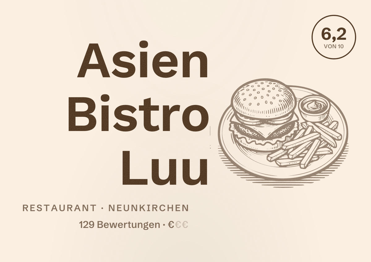 Illustriertes Poster von Asien Bistro Luu, Restaurant in Neunkirchen: Bewertung 6,2 von 10 aus 129 Bewertungen, Preisniveau €