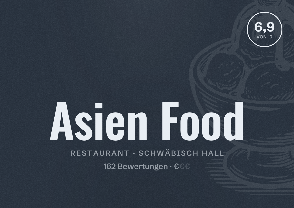Illustriertes Poster von Asien Food, Restaurant in Schwäbisch Hall: Bewertung 6,9 von 10 aus 162 Bewertungen, Preisniveau €