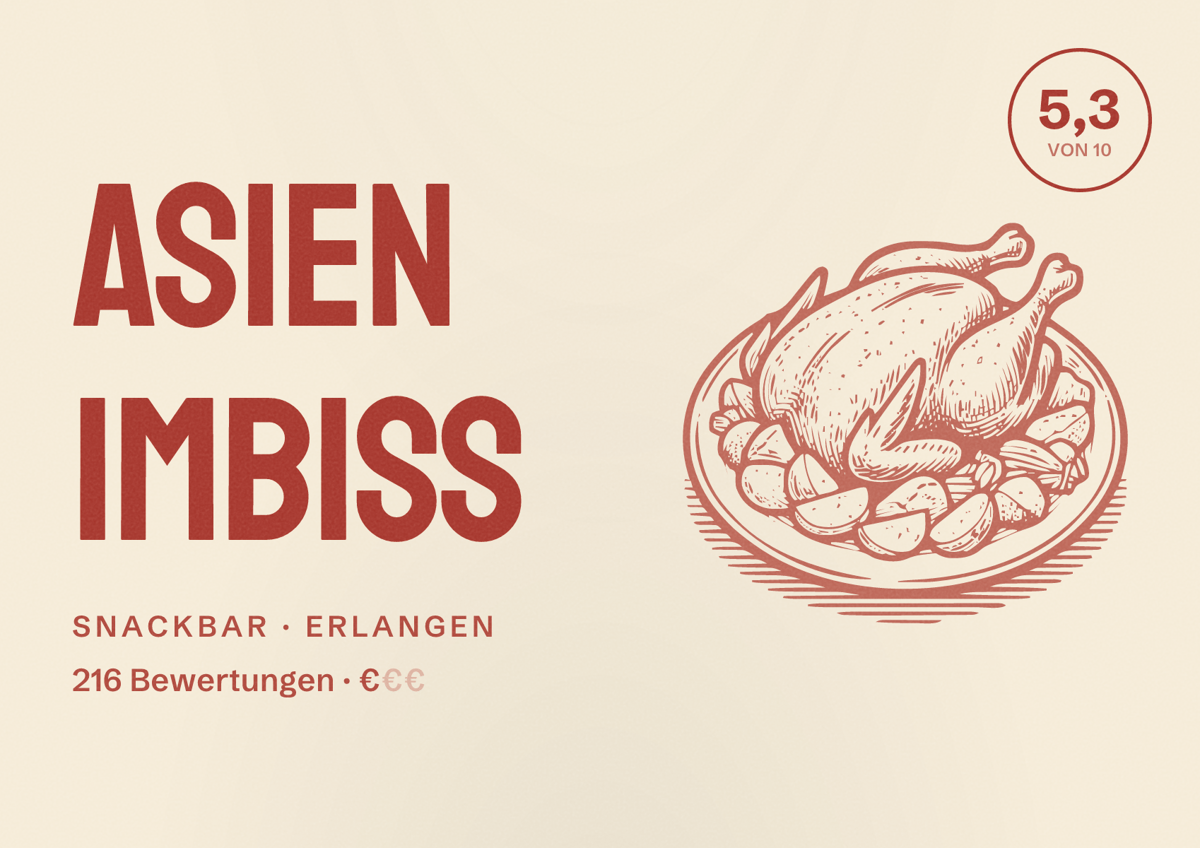 Illustriertes Poster von Asien Imbiss, Snackbar in Erlangen: Bewertung 5,3 von 10 aus 216 Bewertungen, Preisniveau €