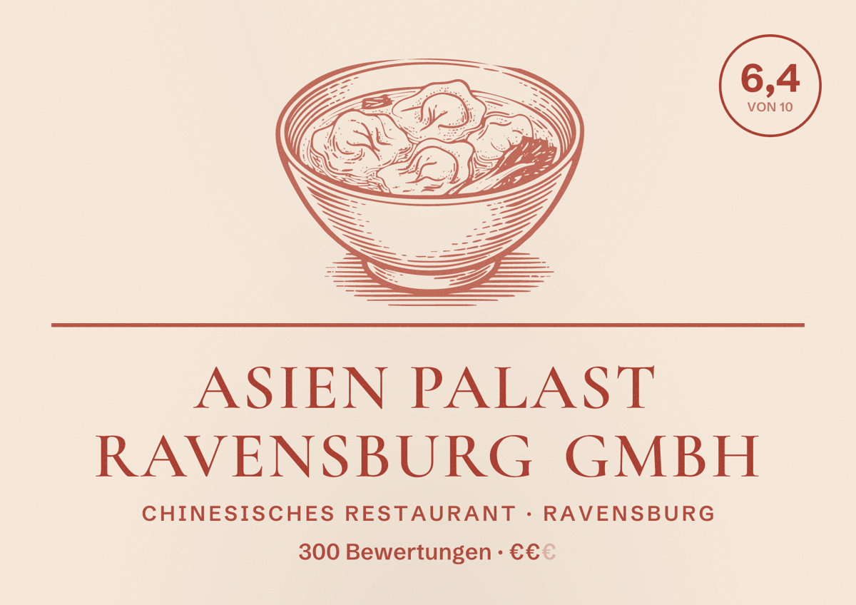 Illustriertes Poster von Asien Palast Ravensburg GmbH, Chinesisches Restaurant in Ravensburg: Bewertung 6,4 von 10 aus 300 Bewertungen, Preisniveau €€