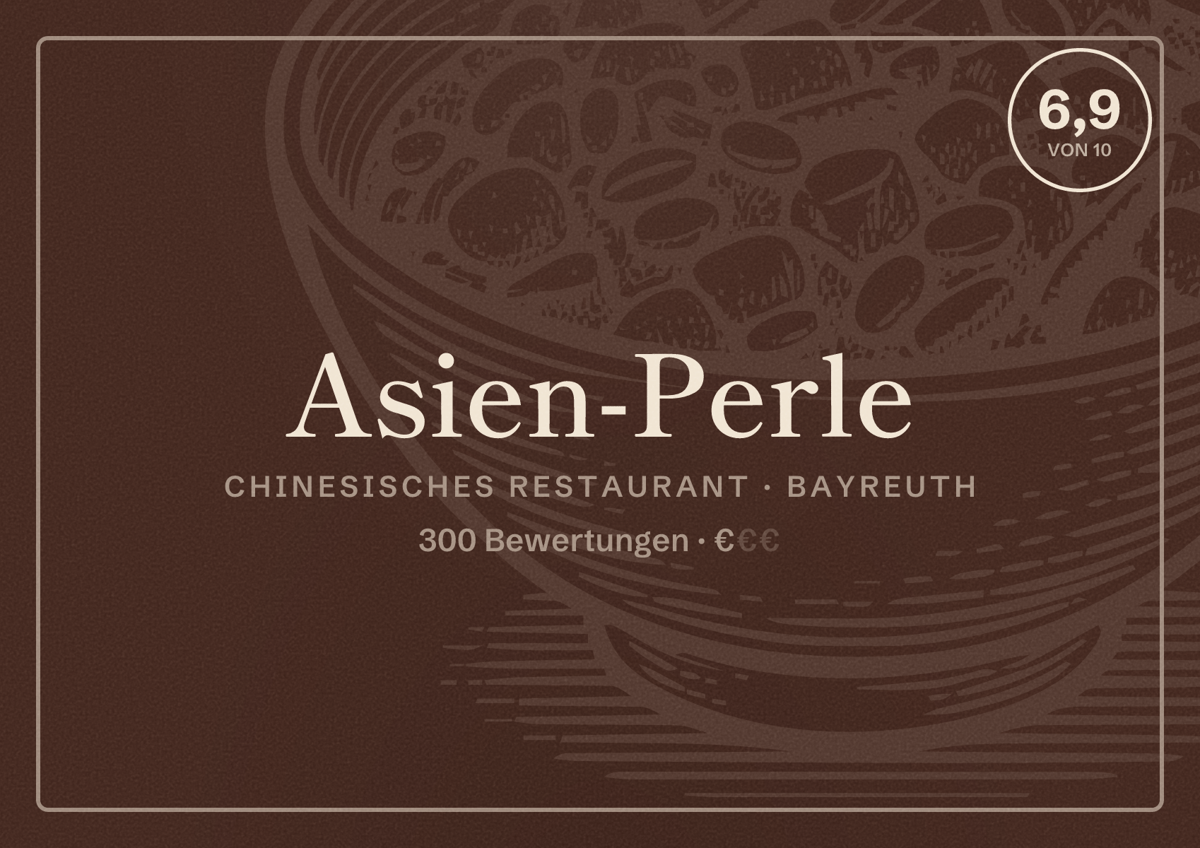 Illustriertes Poster von Asien-Perle, Chinesisches Restaurant in Bayreuth: Bewertung 6,9 von 10 aus 300 Bewertungen, Preisniveau €