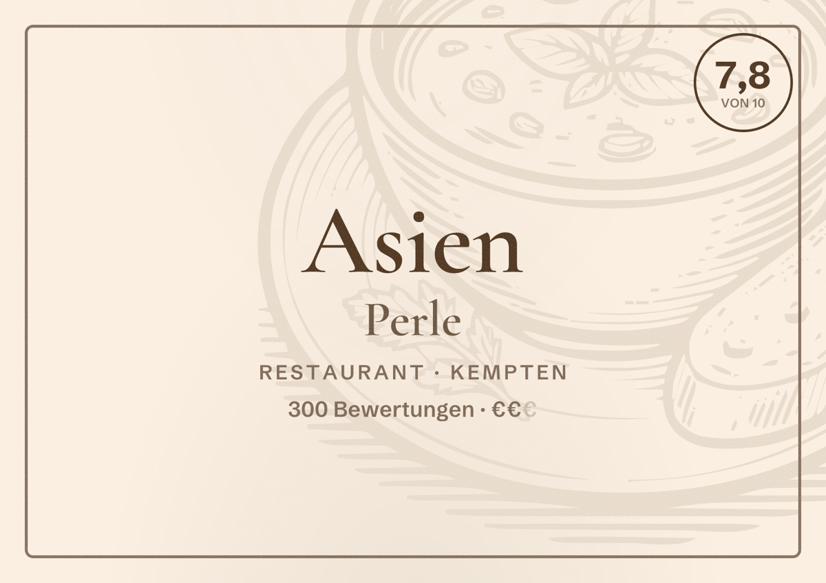 Illustriertes Poster von Asien Perle, Restaurant in Kempten: Bewertung 7,8 von 10 aus 300 Bewertungen, Preisniveau €€