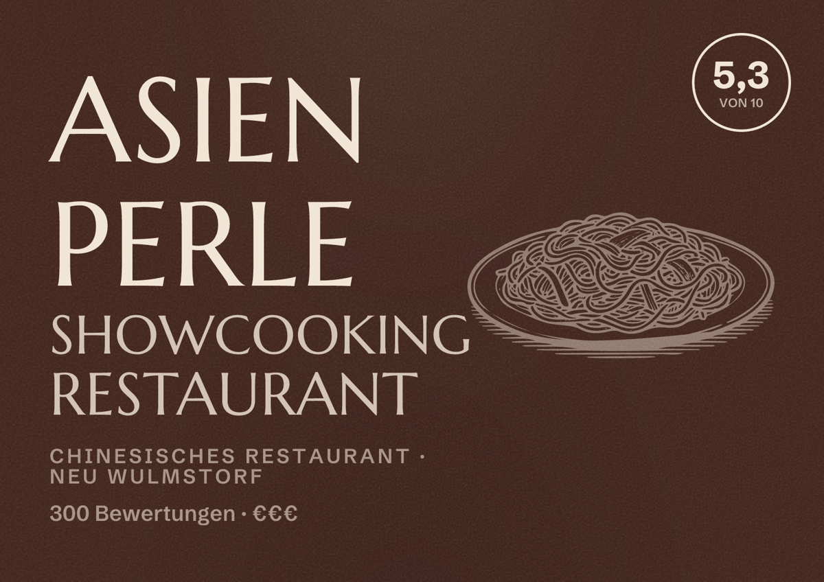 Illustriertes Poster von Asien Perle Showcooking Restaurant, Chinesisches Restaurant in Neu Wulmstorf: Bewertung 5,3 von 10 aus 300 Bewertungen, Preisniveau €€€