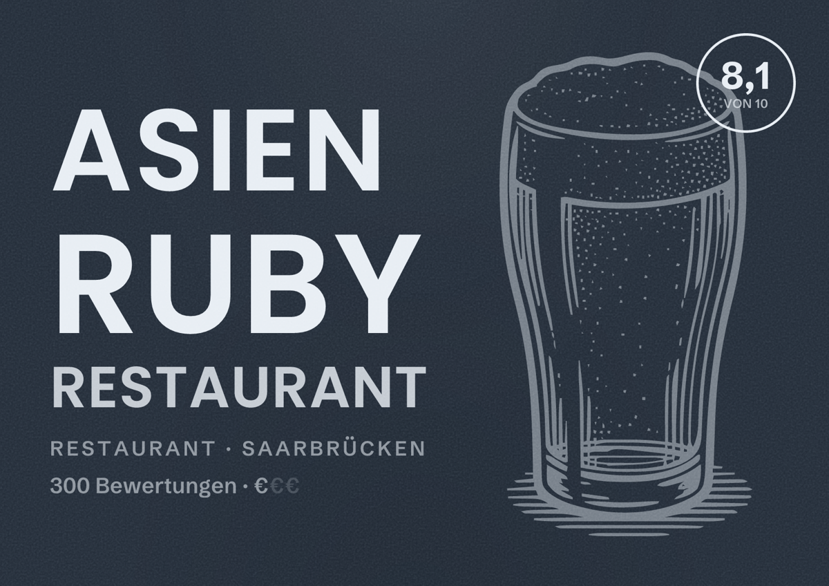 Illustriertes Poster von Asien Ruby Restaurant, Restaurant in Saarbrücken: Bewertung 8,1 von 10 aus 300 Bewertungen, Preisniveau €