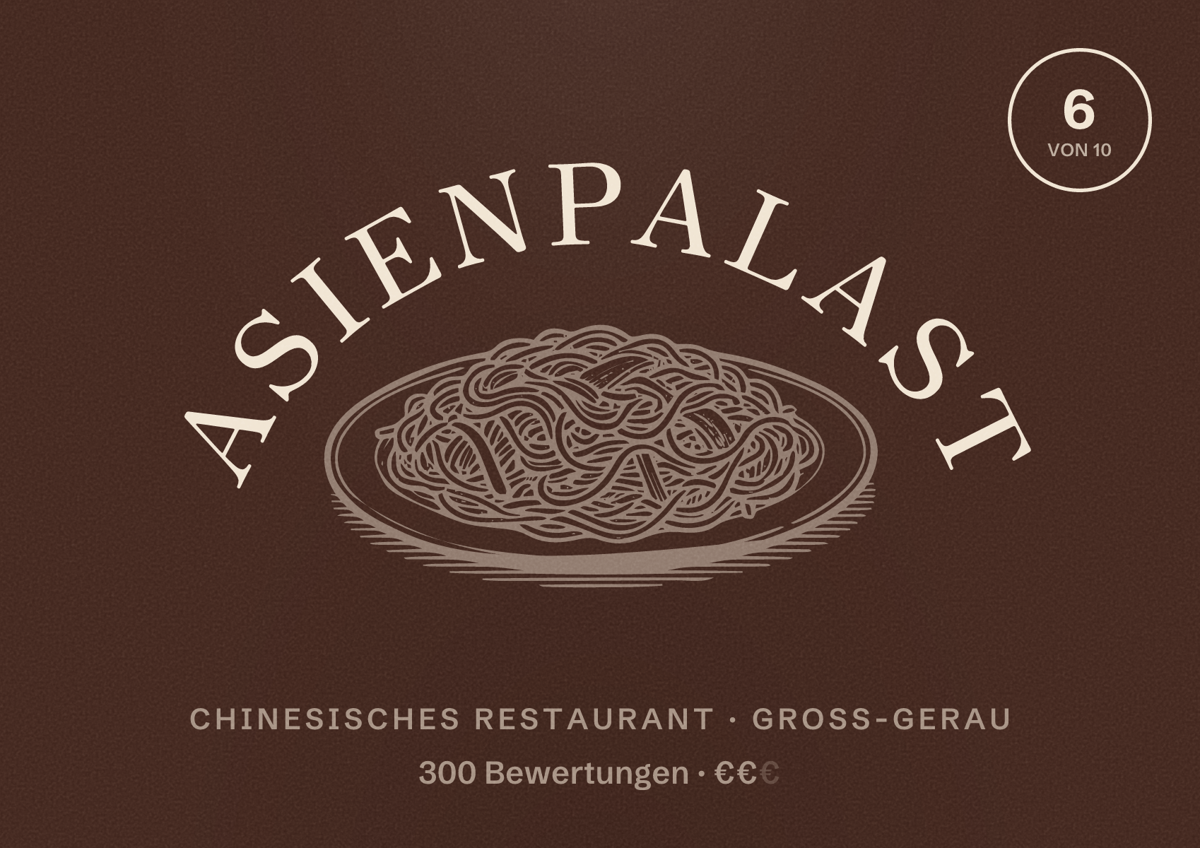 Illustriertes Poster von Asienpalast, Chinesisches Restaurant in Groß-Gerau: Bewertung 6 von 10 aus 300 Bewertungen, Preisniveau €€
