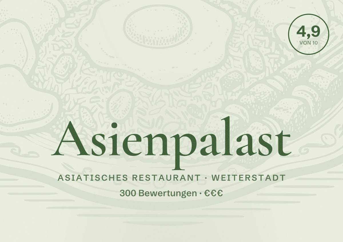 Illustriertes Poster von Asienpalast, Asiatisches Restaurant in Weiterstadt: Bewertung 4,9 von 10 aus 300 Bewertungen, Preisniveau €€€