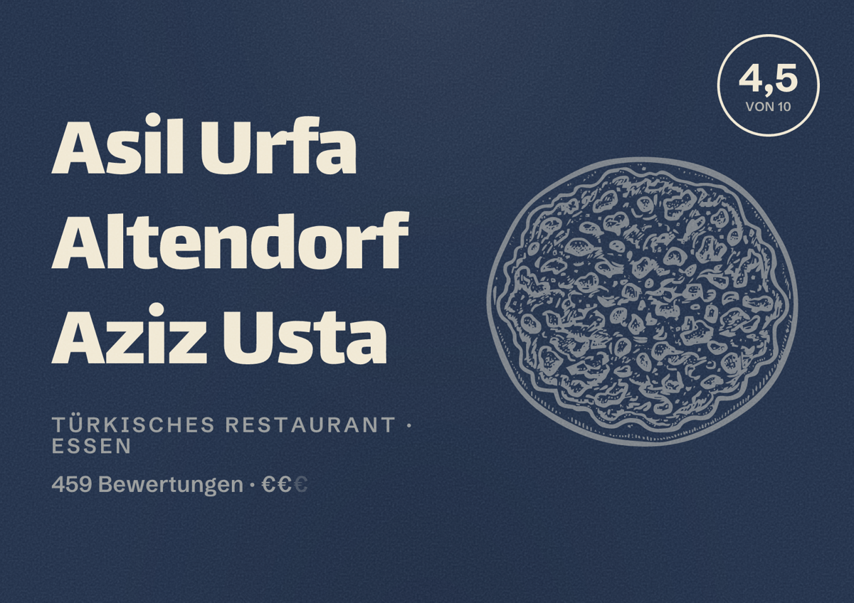 Illustriertes Poster von Asil Urfa Altendorf Aziz Usta, Türkisches Restaurant in Essen: Bewertung 4,5 von 10 aus 459 Bewertungen, Preisniveau €€