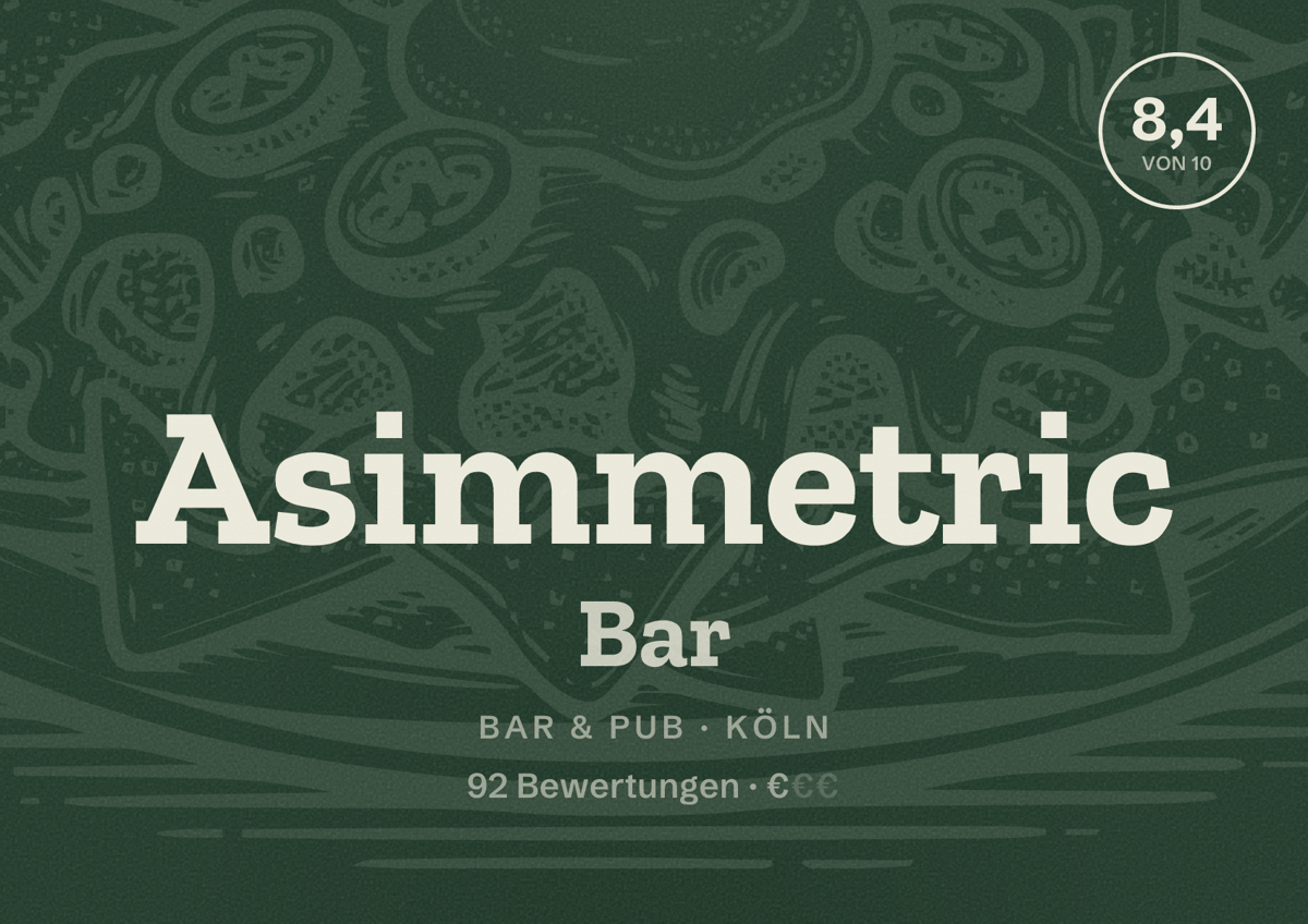 Illustriertes Poster von Asimmetric Bar, Bar & Pub in Köln: Bewertung 8,4 von 10 aus 92 Bewertungen, Preisniveau €