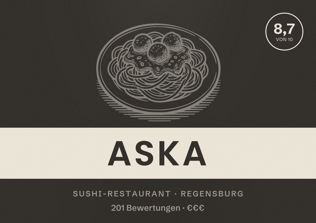 Illustriertes Poster von Aska, Sushi-Restaurant in Regensburg: Bewertung 8,7 von 10 aus 201 Bewertungen, Preisniveau €€€