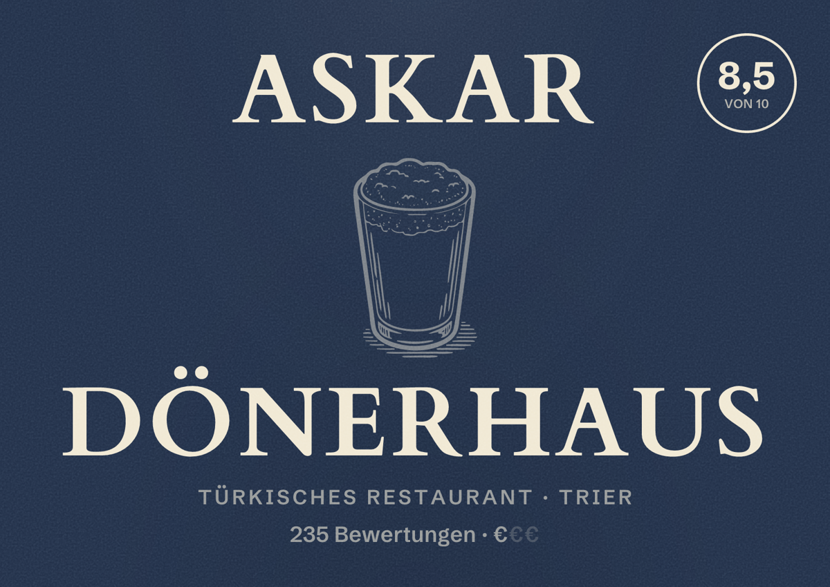 Illustriertes Poster von Askar Dönerhaus, Türkisches Restaurant in Trier: Bewertung 8,5 von 10 aus 235 Bewertungen, Preisniveau €