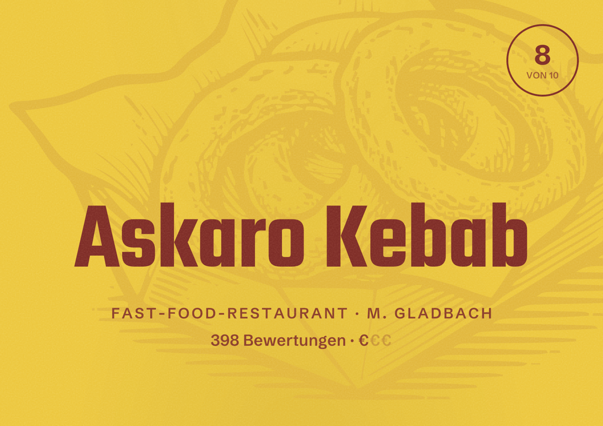 Illustriertes Poster von Askaro Kebab, Fast-Food-Restaurant in M. Gladbach: Bewertung 8 von 10 aus 398 Bewertungen, Preisniveau €