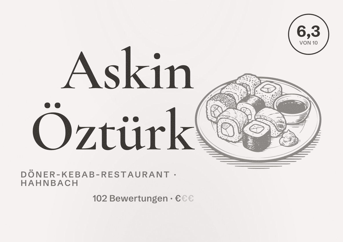 Illustriertes Poster von Askin Öztürk, Döner-Kebab-Restaurant in Hahnbach: Bewertung 6,3 von 10 aus 102 Bewertungen, Preisniveau €