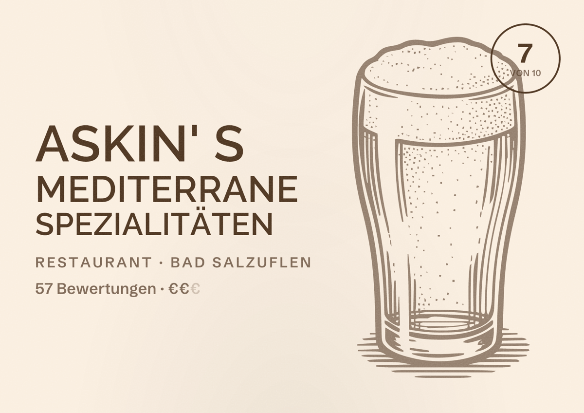 Illustriertes Poster von ASKIN' S Mediterrane Spezialitäten, Restaurant in Bad Salzuflen: Bewertung 7 von 10 aus 57 Bewertungen, Preisniveau €€