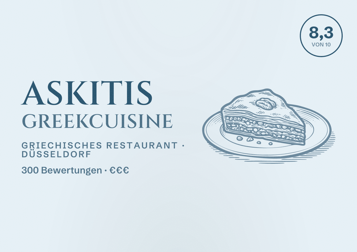 Illustriertes Poster von Askitis greekcuisine, Griechisches Restaurant in Düsseldorf: Bewertung 8,3 von 10 aus 300 Bewertungen, Preisniveau €€€