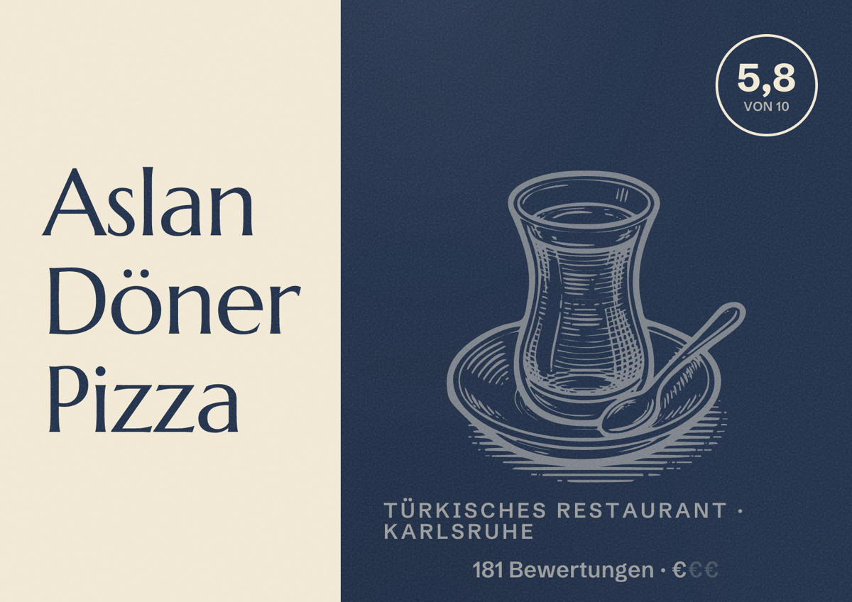 Illustriertes Poster von Aslan Döner Pizza, Türkisches Restaurant in Karlsruhe: Bewertung 5,8 von 10 aus 181 Bewertungen, Preisniveau €