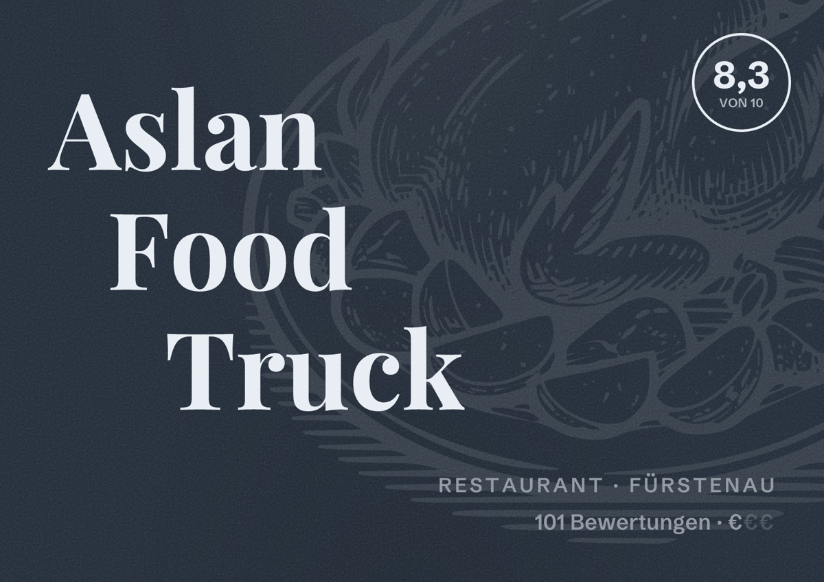 Illustriertes Poster von Aslan Food Truck, Restaurant in Fürstenau: Bewertung 8,3 von 10 aus 101 Bewertungen, Preisniveau €