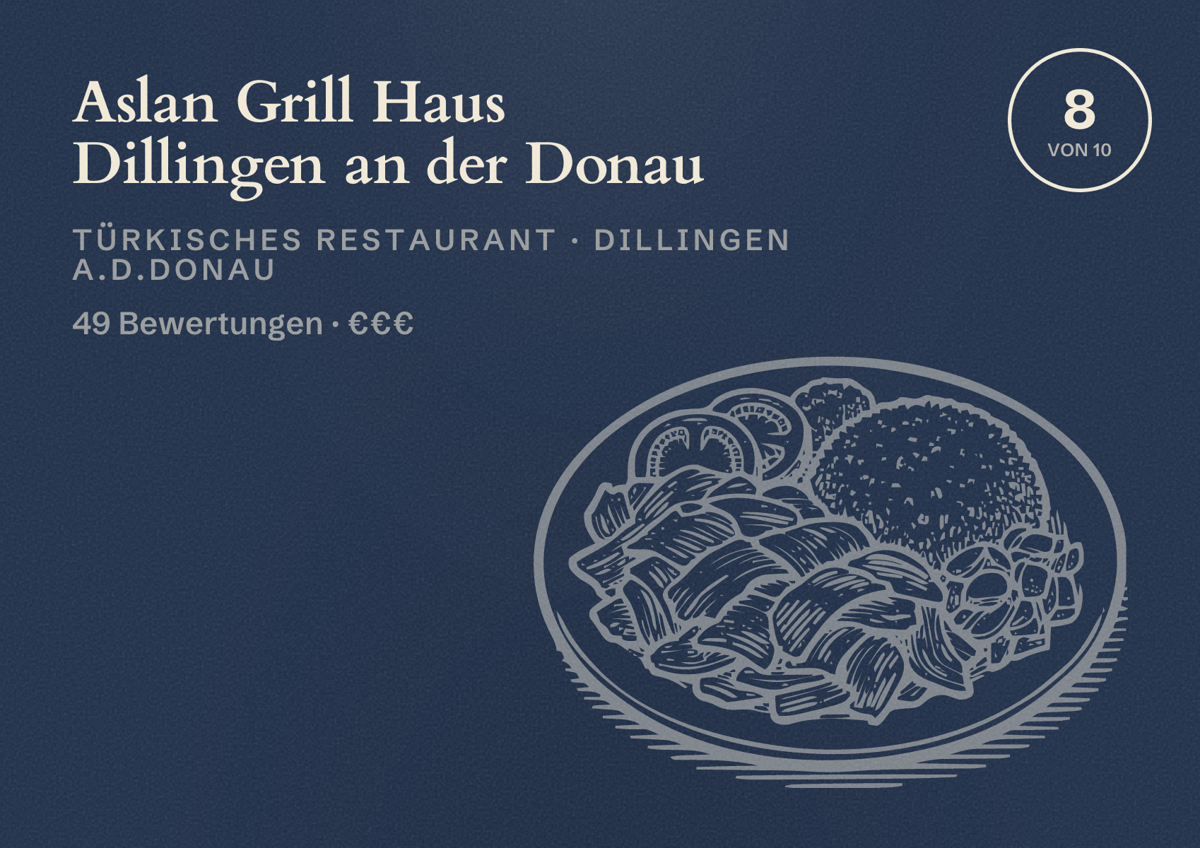 Illustriertes Poster von Aslan Grill Haus Dillingen an der Donau, Türkisches Restaurant in Dillingen a.d.Donau: Bewertung 8 von 10 aus 49 Bewertungen, Preisniveau €€€