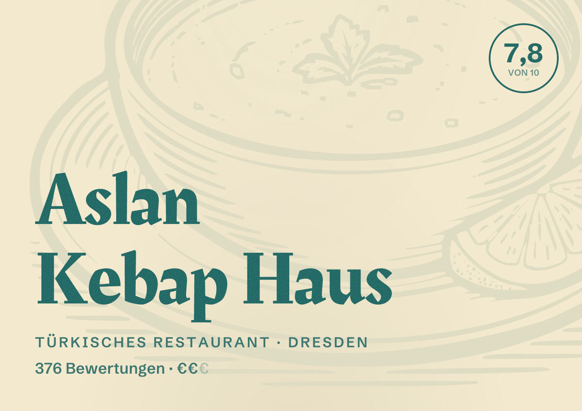 Illustriertes Poster von Aslan Kebap Haus, Türkisches Restaurant in Dresden: Bewertung 7,8 von 10 aus 376 Bewertungen, Preisniveau €€