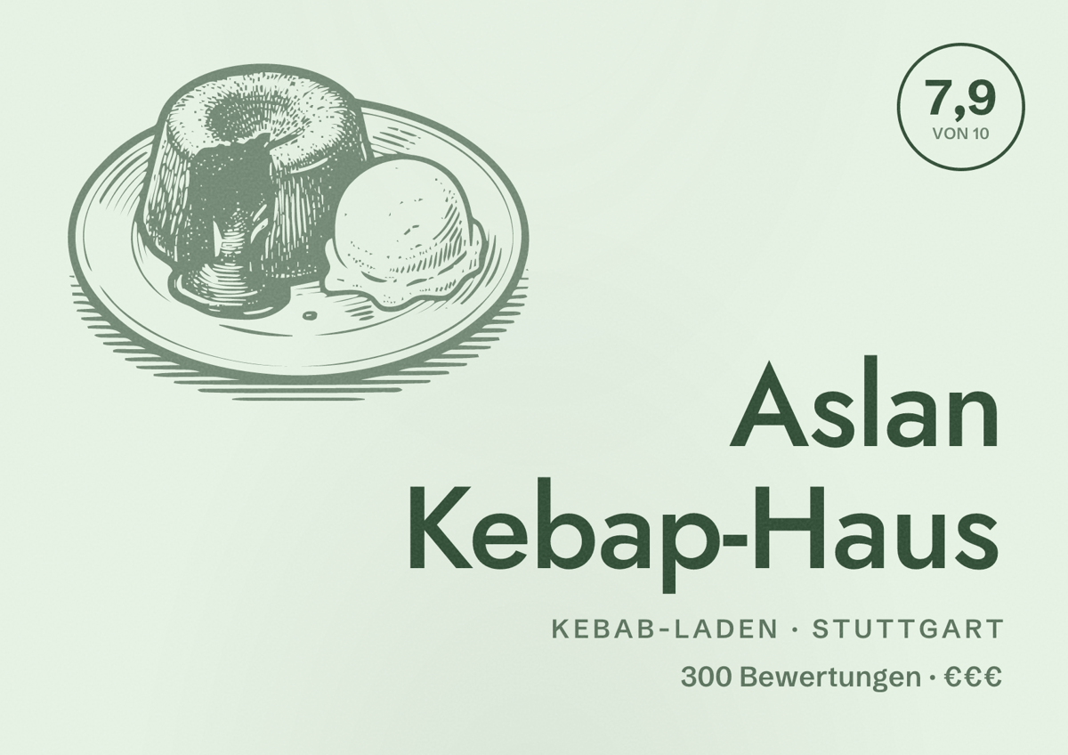 Illustriertes Poster von Aslan Kebap-Haus, Kebab-Laden in Stuttgart: Bewertung 7,9 von 10 aus 300 Bewertungen, Preisniveau €€€