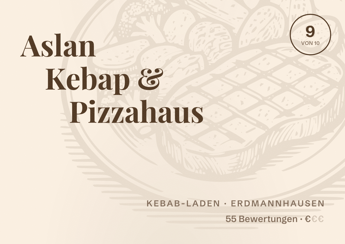 Illustriertes Poster von Aslan Kebap & Pizzahaus, Kebab-Laden in Erdmannhausen: Bewertung 9 von 10 aus 55 Bewertungen, Preisniveau €