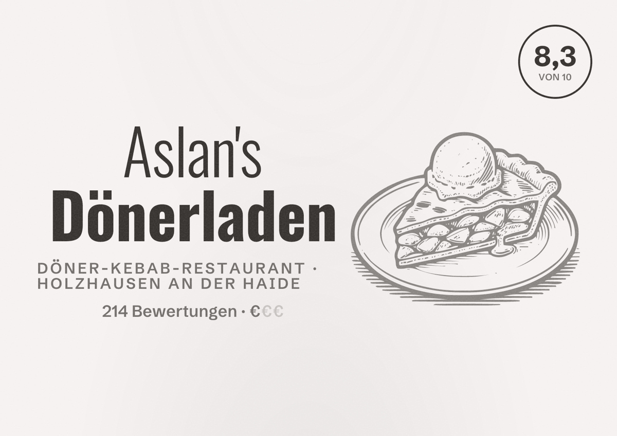 Illustriertes Poster von Aslan's Dönerladen, Döner-Kebab-Restaurant in Holzhausen an der Haide: Bewertung 8,3 von 10 aus 214 Bewertungen, Preisniveau €