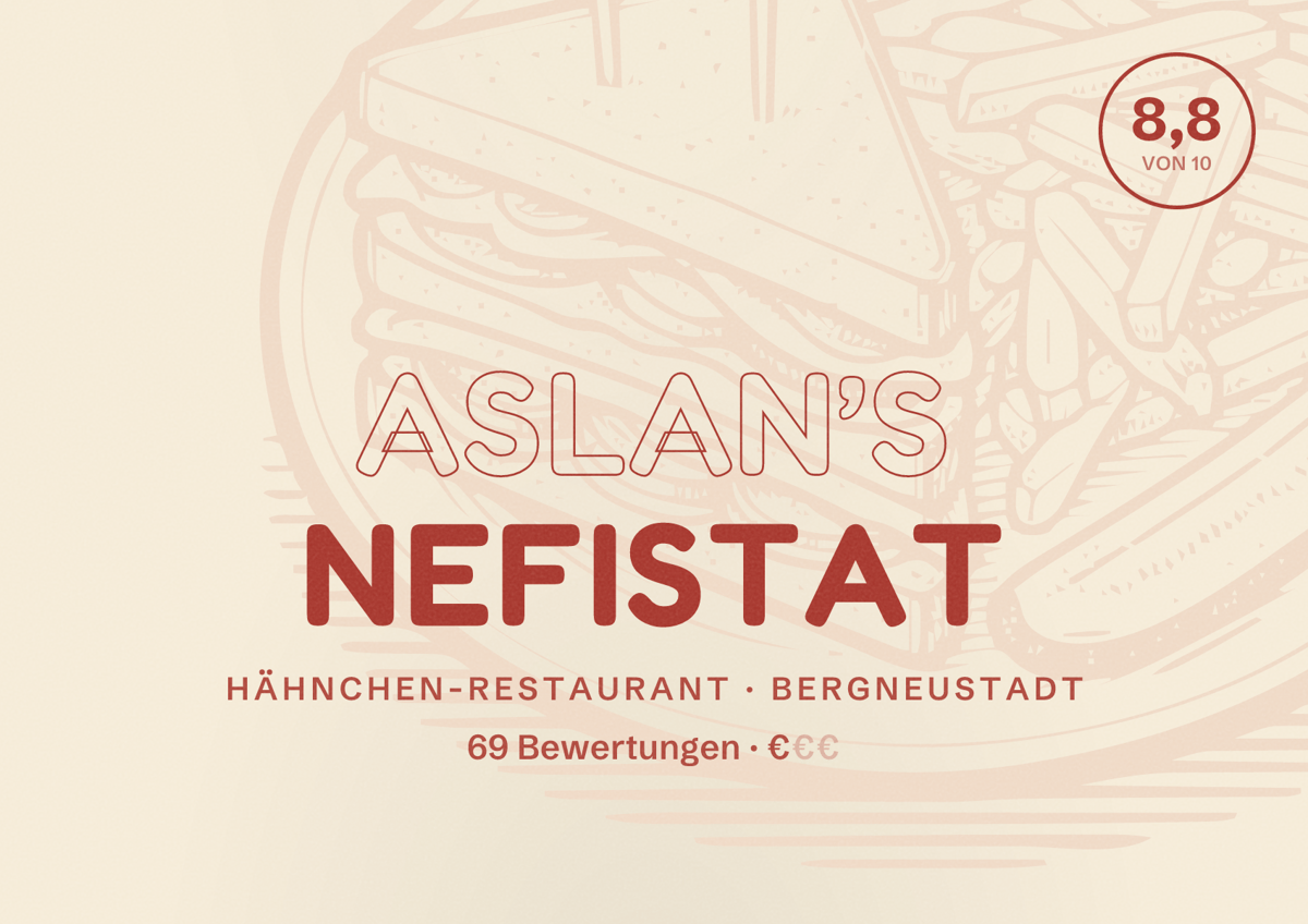 Illustriertes Poster von Aslan’s Nefistat, Hähnchen-Restaurant in Bergneustadt: Bewertung 8,8 von 10 aus 69 Bewertungen, Preisniveau €