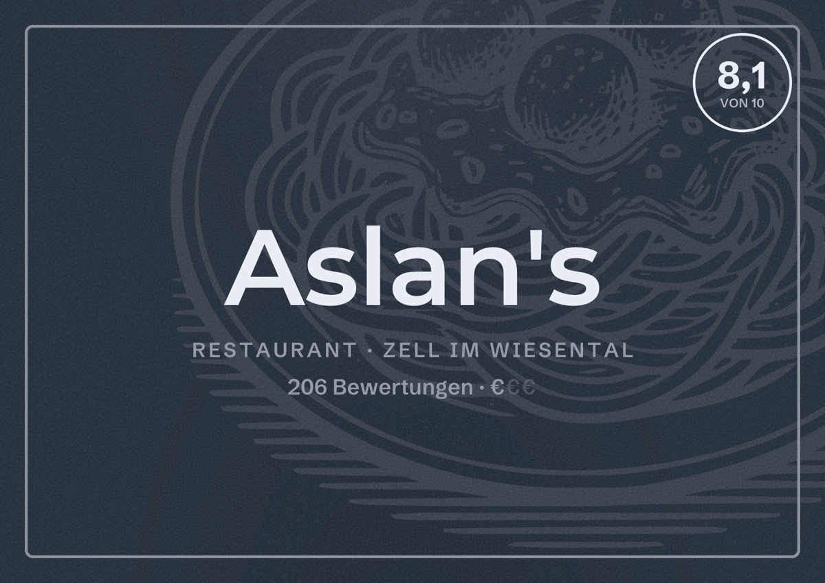 Illustriertes Poster von Aslan's, Restaurant in Zell im Wiesental: Bewertung 8,1 von 10 aus 206 Bewertungen, Preisniveau €