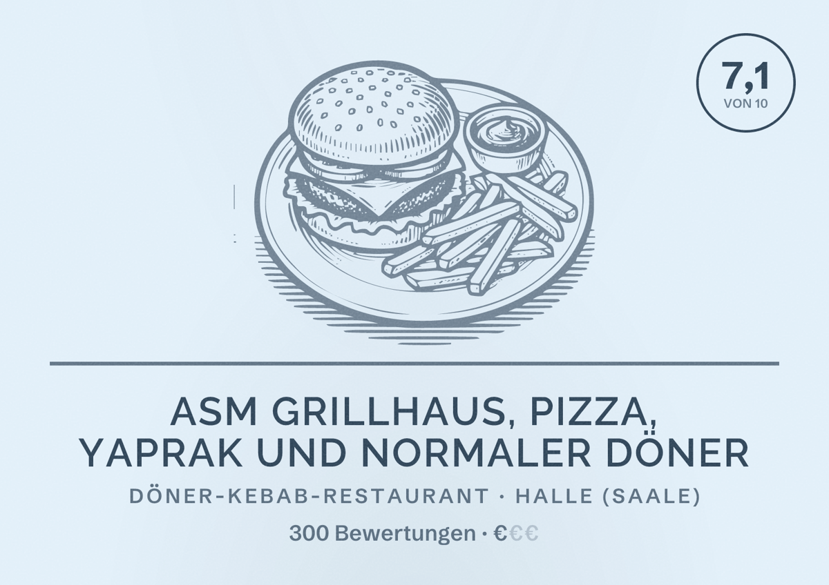 Illustriertes Poster von ASM Grillhaus, Pizza, Yaprak und normaler Döner, Döner-Kebab-Restaurant in Halle (Saale): Bewertung 7,1 von 10 aus 300 Bewertungen, Preisniveau €