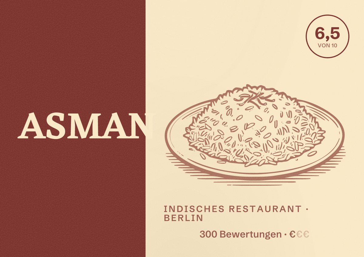 Illustriertes Poster von ASMAN, Indisches Restaurant in Berlin: Bewertung 6,5 von 10 aus 300 Bewertungen, Preisniveau €