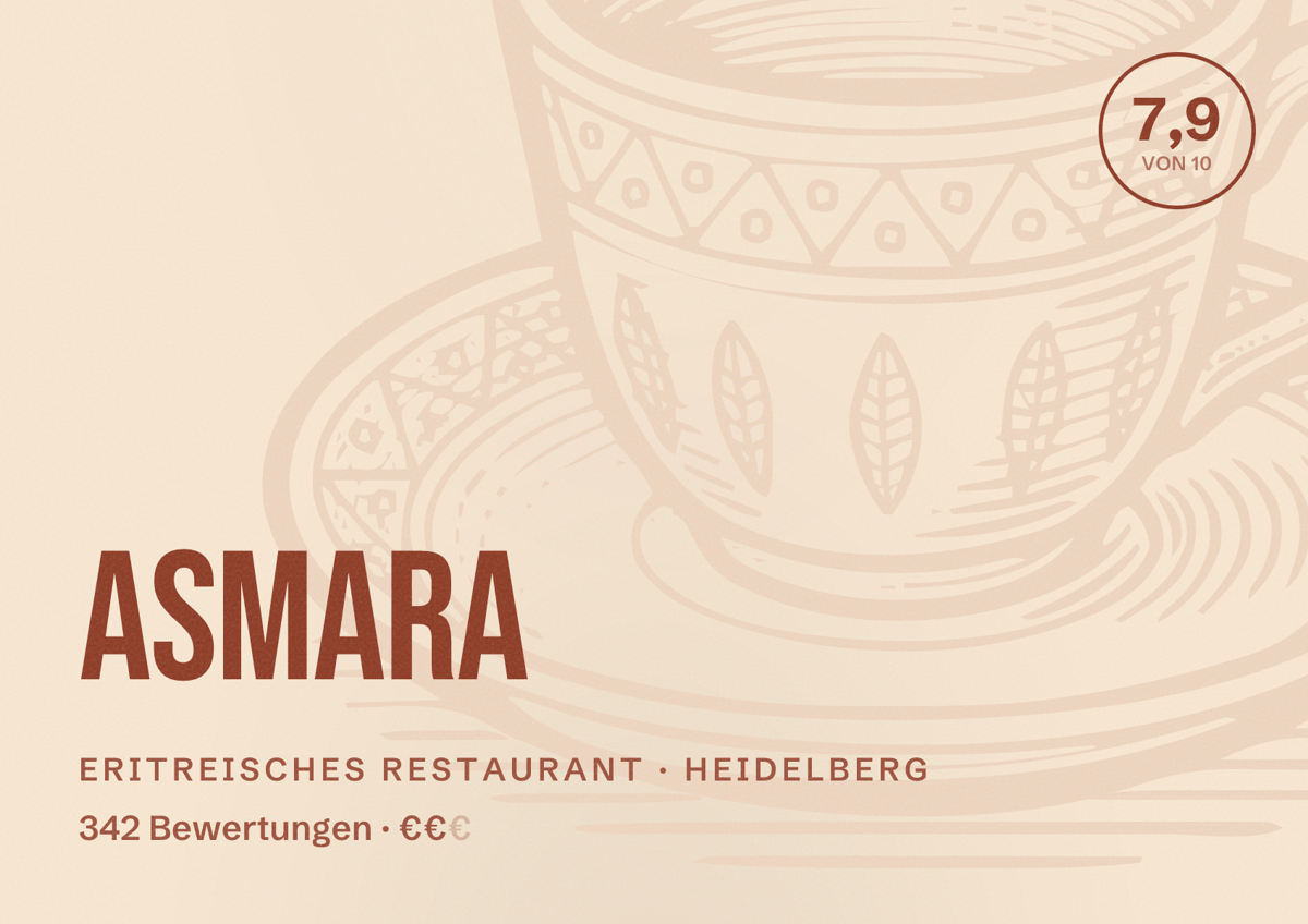 Illustriertes Poster von Asmara, Eritreisches Restaurant in Heidelberg: Bewertung 7,9 von 10 aus 342 Bewertungen, Preisniveau €€