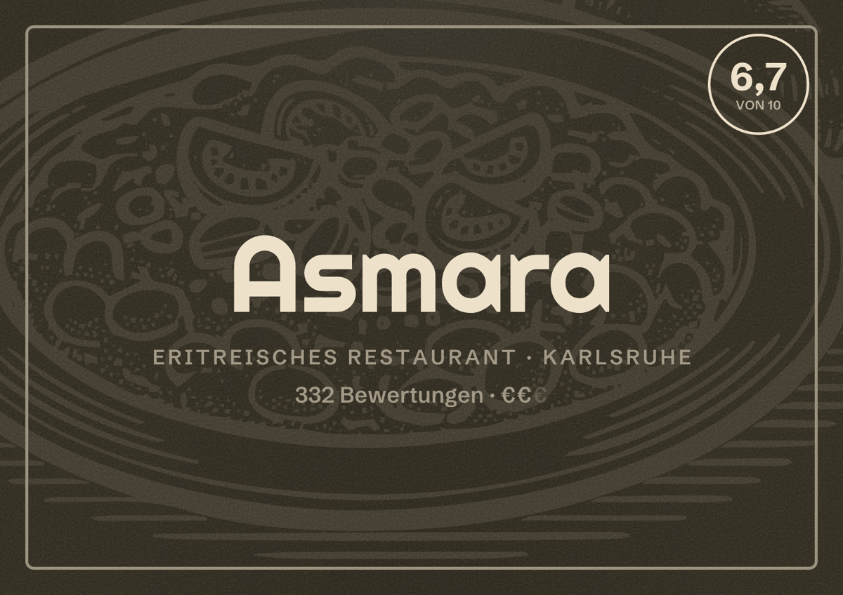 Illustriertes Poster von Asmara, Eritreisches Restaurant in Karlsruhe: Bewertung 6,7 von 10 aus 332 Bewertungen, Preisniveau €€