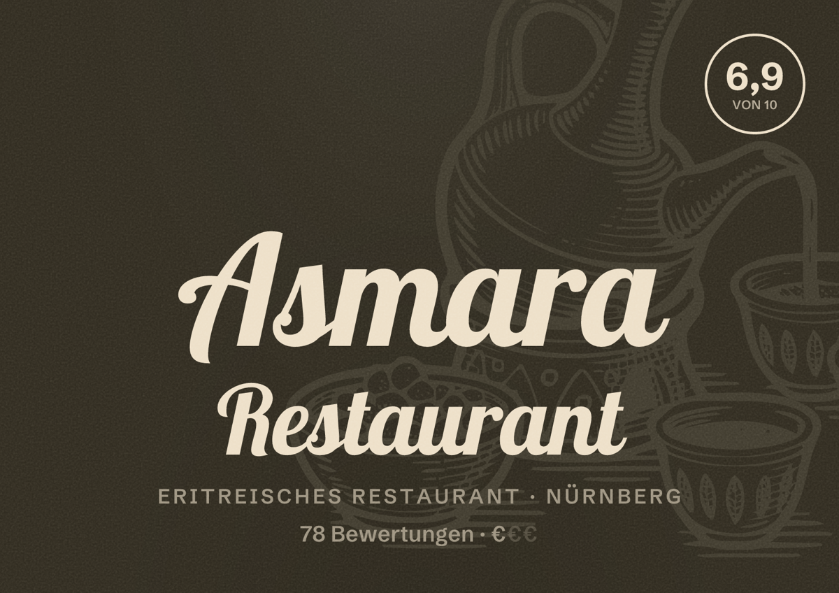 Illustriertes Poster von Asmara Restaurant, Eritreisches Restaurant in Nürnberg: Bewertung 6,9 von 10 aus 78 Bewertungen, Preisniveau €