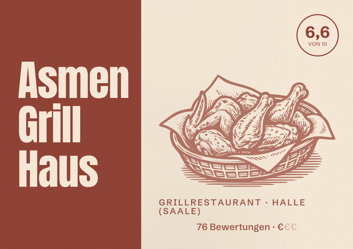 Illustriertes Poster von Asmen Grill Haus, Grillrestaurant in Halle (Saale): Bewertung 6,6 von 10 aus 76 Bewertungen, Preisniveau €