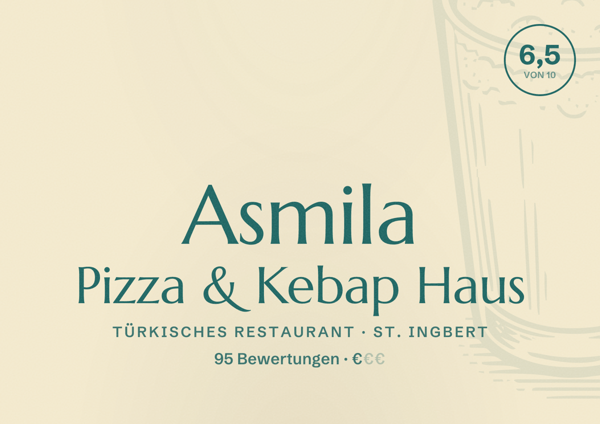 Illustriertes Poster von Asmila Pizza & Kebap Haus, Türkisches Restaurant in St. Ingbert: Bewertung 6,5 von 10 aus 95 Bewertungen, Preisniveau €