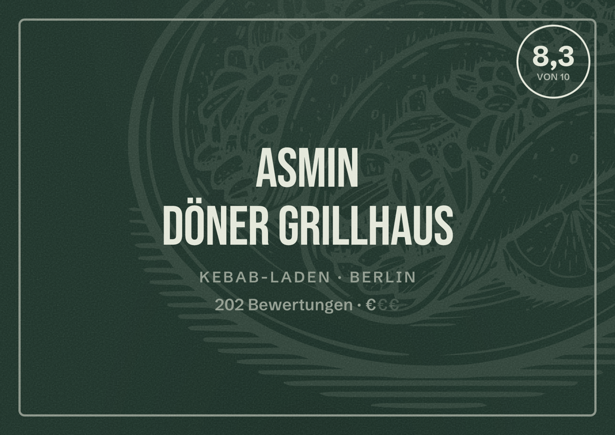 Illustriertes Poster von Asmin Döner Grillhaus, Kebab-Laden in Berlin: Bewertung 8,3 von 10 aus 202 Bewertungen, Preisniveau €