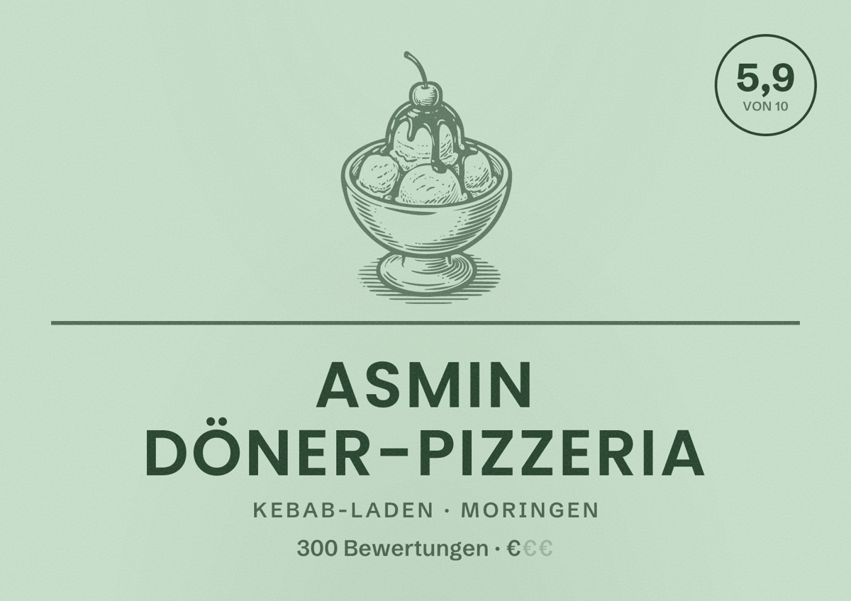 Illustriertes Poster von Asmin Döner-Pizzeria, Kebab-Laden in Moringen: Bewertung 5,9 von 10 aus 300 Bewertungen, Preisniveau €