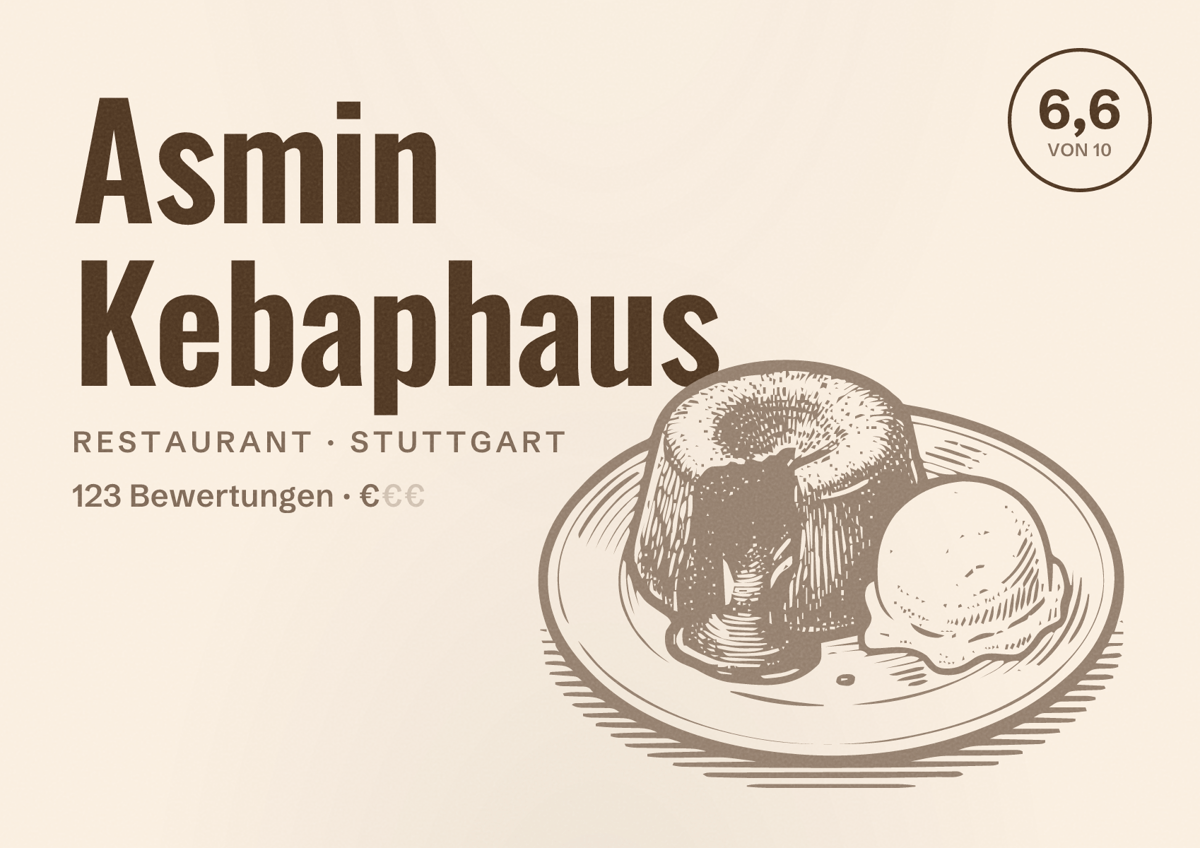 Illustriertes Poster von Asmin Kebaphaus, Restaurant in Stuttgart: Bewertung 6,6 von 10 aus 123 Bewertungen, Preisniveau €