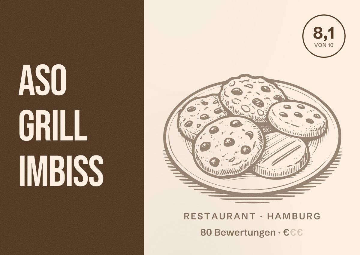 Illustriertes Poster von Aso Grill Imbiss, Restaurant in Hamburg: Bewertung 8,1 von 10 aus 80 Bewertungen, Preisniveau €