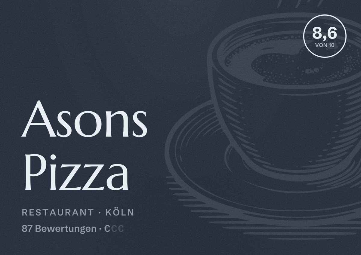 Illustriertes Poster von Asons Pizza, Restaurant in Köln: Bewertung 8,6 von 10 aus 87 Bewertungen, Preisniveau €