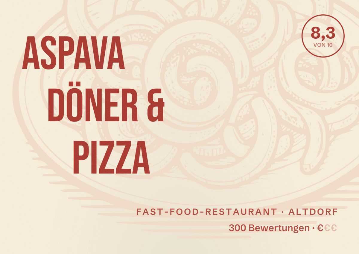 Illustriertes Poster von ASPAVA Döner & Pizza, Fast-Food-Restaurant in Altdorf: Bewertung 8,3 von 10 aus 300 Bewertungen, Preisniveau €