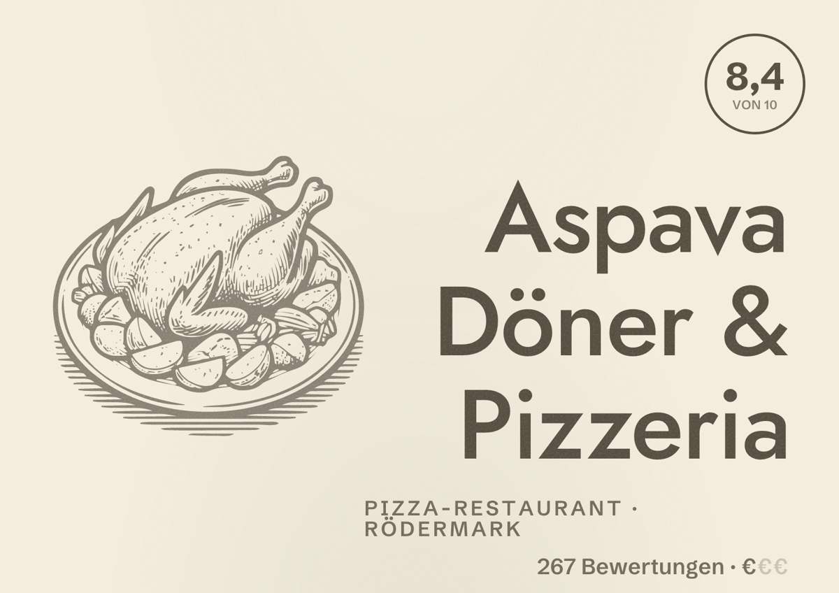 Illustriertes Poster von Aspava Döner & Pizzeria, Pizza-Restaurant in Rödermark: Bewertung 8,4 von 10 aus 267 Bewertungen, Preisniveau €