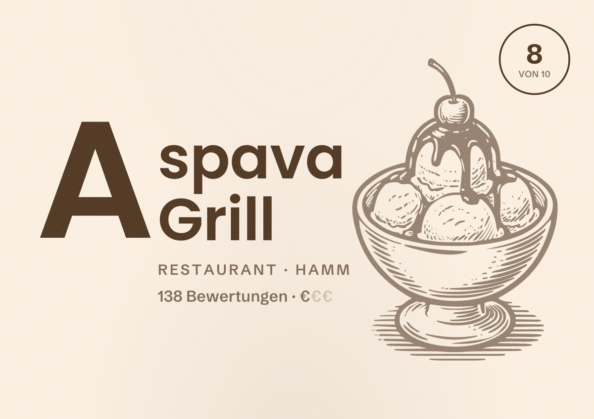 Illustriertes Poster von Aspava Grill, Restaurant in Hamm: Bewertung 8 von 10 aus 138 Bewertungen, Preisniveau €