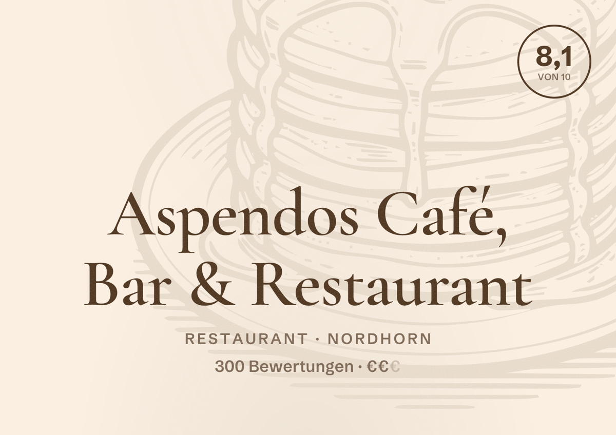 Illustriertes Poster von Aspendos Café, Bar & Restaurant, Restaurant in Nordhorn: Bewertung 8,1 von 10 aus 300 Bewertungen, Preisniveau €€