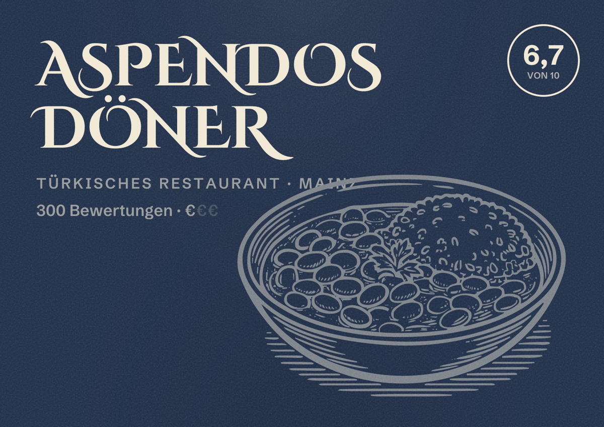 Illustriertes Poster von Aspendos Döner, Türkisches Restaurant in Mainz: Bewertung 6,7 von 10 aus 300 Bewertungen, Preisniveau €